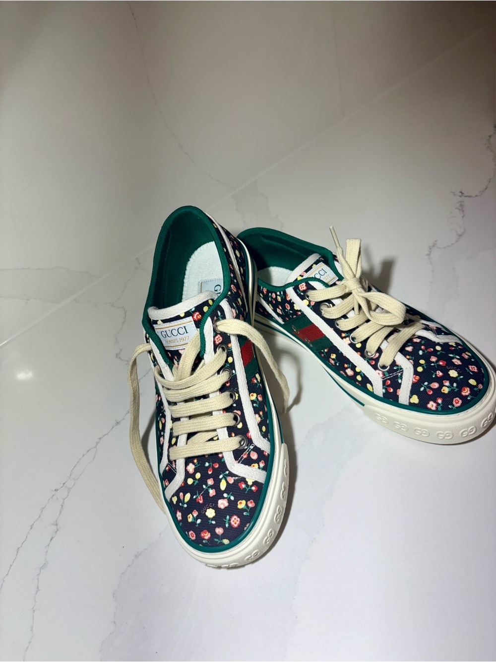 Gucci Navy Floral Ace Sneakers with Red & Green Web - Picture 1 of 3